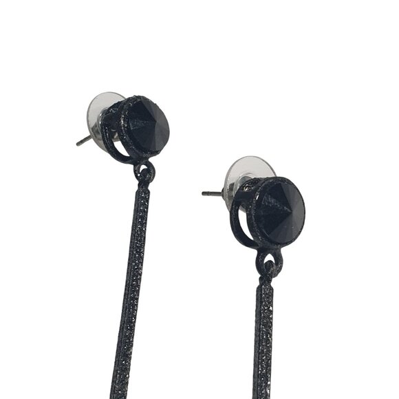 Black Long Drop Dangle Earrings Sparkling Rhinestone Detail Geometric Post Back - Picture 2 of 5
